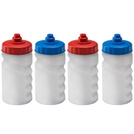 Foxberry 300ml Children's Small Refillable Water Bottles - 4 Pack - Hands Free Lid - Leakproof Spout - BPA Free - Blank For DIY Branding and Decoration - Dishwasher Safe - (Red Blue Lids)