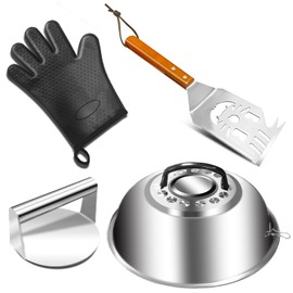 WISDOMWELL Smashed Burger Kit, Burger Press, 10 Inch Basting Cover, Grill Spatula, 1 BBQ Glove - Griddle Accessories Kit for Flat Top Griddle Grill Cooking
