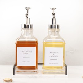 BathAce Coffee Syrup Dispenser with Marble Tray, Clear Glass Syrup Bottles with Pump, 2×500 ML Refillable Maple Syrup Dispenser, 1×Luxurious Small Tray, Coffee Bar Accessories(Chrome+Black)