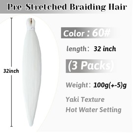 Pre stretched Braiding Hair 32 Inch Braiding Hair Extensions Hot Water Setting Synthetic Hair Pre Stretched Crochet Braids Hair(32 Inch,3 Packs,60#）