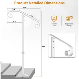 Zwinz Handrail Railing, Single Post Handrail Fits 1 or 2 Steps, Sturdy Outdoor Stair Railing for Concrete&Wooden Steps with Base, Wrought Iron Stair Handrails, Grab Rail for Steps Porch, White