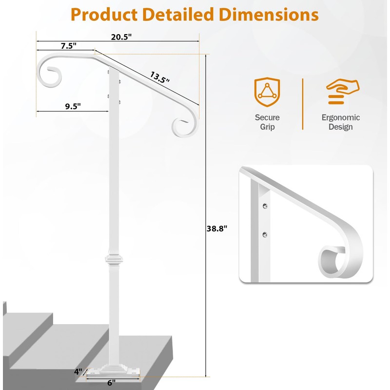 Zwinz Handrail Railing, Single Post Handrail Fits 1 or 2