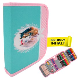 itenga itenga Schüler-Etui 28 teilig gefüllt 1-Zipper Federmäppchen für Jungen und Mädchen (Pferd)
