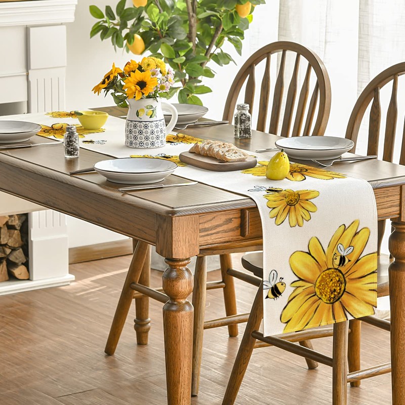 Artoid Mode Beige Bee Sunflower Table Runner, Seasonal Spring Summer