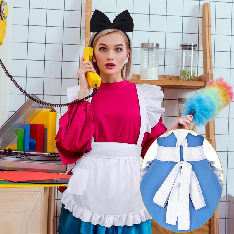 egniFurn Adjustable White Frilly Maid Costume Apron Set With Pocket,