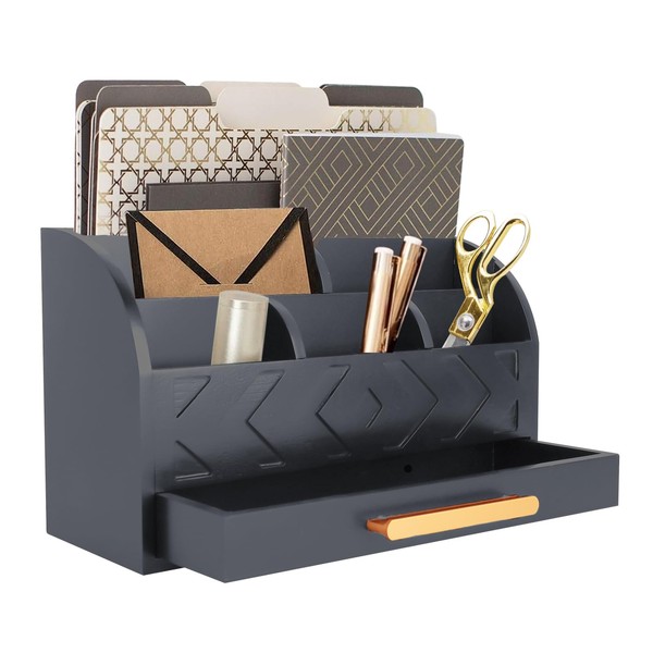ZALIOJI Black Desk Organizer with Drawers, Wooden Mail Organizer Countertop