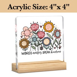 Mental Health Decor, Motivational Gifts for Women Men, Boho Floral Inspirational Acrylic sign with Wooden office Accessories Bedroom Dorm Apartment Decoration-Words Matter Speak Kindness