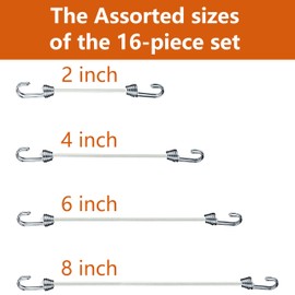 YELIER Mini Bungee Cords with Hooks. Versatile Outdoor Bungee Cord Set. Includes, 2inch, 4inch, 6inch, and 8inch, Totaling 16 Bungee Cords. (16, White, Four Sizes)