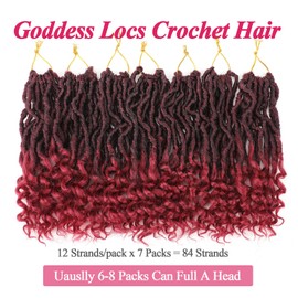 Leeven 7 Packs Faux Locs Crochet Hair With Curly Ends 10 Inch Pre-looped Goddess Locs Crochet Braids Hair 84 Strands Burgundy Bohemian Soft Locs Crochet Hair Extensions for Women TBUG#