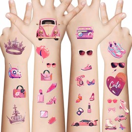 LOOGFDC Pink Temporary Tattoos for Girls and Adults - 10Pcs/set | Pink Birthday Party Supplies, Pink DIY Sticker,Party Favors, Cute Decorations, Easter Basket