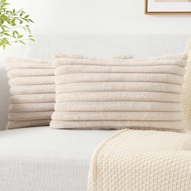 Pallene Faux Fur Plush Lumbar Throw Pillow Covers 12x20 Set of 2, Luxury Soft Fluffy Striped Decorative Pillow Covers for Sofa, Couch, Living Room, Apricot