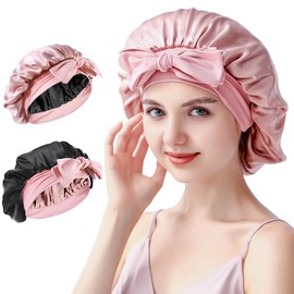 SILMANA Silk Bonnet for Sleeping Women, 22 Momme Double-Layer Silk Hair Wrap for Sleeping, 100% Mulberry Silk, Double-sided Wearable, for Nighttime Hair Care, Suitable for All Hair Types - Pink