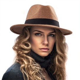LADYBRO Fedora for Women Wide Brim Hats Wool Felt, Adjustable (Mix Camel, 22-7/8")
