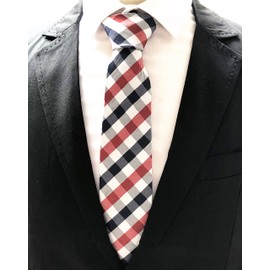 Secdtie Men's Slim Check Stripe Silk Ties Jacquard Formal Plaid Necktie for Gift (One Size, Navy Red White)