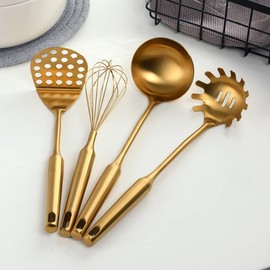 MINGYU Gold Kitchen Utensils Set of 4 Cooking Utensils Set, Titanium Plated kitchen tools Potato Masher / Soup Ladle, Spaghetti Spoon, Eggbeater Use for Home Hotel Resturant
