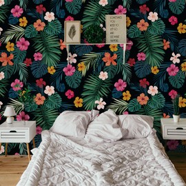 WESTICK Dark Tropical Peel and Stick Floral Wallpaper Green Palm Leaf Contact Paper Jungle Hibiscus Flowers Wall Paper Forest Monstera Leaves Plant Wallpapers for Bedroom Wall Furniture 17.5 x 118 in