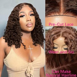 Chocolate Brown Wear and Go Deep Wave Bob Wig Human Hair 4x4 Pre Cut Lace Closure Bob Wig 180% Density Short Curly Human Hair Bob Wig Pre Plcuked for Black Women (Glueless Wigs, 10inch)