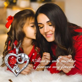 AOBOCO Mom Necklace Sterling Silver Love Heart Lucky Elephant Necklace with Birthstone Crystals, Birthday Mother Day Jewelry Gifts for Mom (01-Jan-Created Garnet)