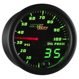 MaxTow Double Vision 100 PSI Oil Pressure Gauge Kit - Includes Electronic Sensor - Black Gauge Face - Green LED Illuminated Dial - Analog & Digital Readouts - for Trucks - 2-1/16" 52mm