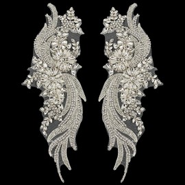 FINGERINSPIRE 1 Pair Rhinestons Clothing Applique Patch Sew on Crystal Embroidery Fabric Patch Handmade Silver Flower Rhinestons Crystal Patches for Wedding Dress Decoration Dress Clothes Accessory