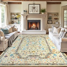 Living Room Rug,Beige 5x7 Rug Machine Washable Area Rug Non Slip Floral Vintage Low Pile Large Rugs for Living Room, Bedroom, Dining Room, Kids Playroom,Kitchen Indoor Carpet Home Decor