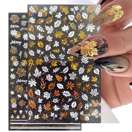 8Sheets Gold Maple Leaf Nail Stickers 3D Fall Nail Art Supplies Holographic Autumn Nail Art Sticker Maple Leaves Design Foils Laser Shiny DIY Nail Art Decoration Thanksgiving Day Manicure Accessories