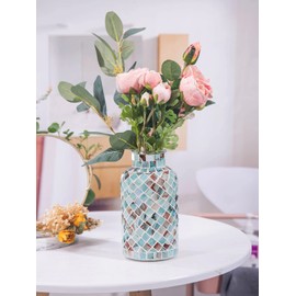 Classic Mosaic Flower Vase for Home Decor, 8”(H) Glass Handmade Table Centerpiece Container for Office, Living Room Kitchen, Wedding. (Summer Road)