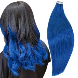 RUNATURE Blue Tape in Hair Extensions Human Hair 20Inch Tape in Extensions Blue Real Hair Colorful Tape in Human Hair Extensions Blue Hair 20 Inch 25g