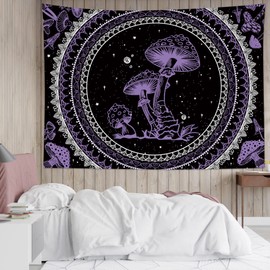 SCECALA Purple Mushroom Tapestry Boho Mandala Pattern with Purple Mushroom Wall Tapestry Black and White Star Wall Hanging for Bedroom Living Room Teen Dorm Party Home Decor 60x40 Inch