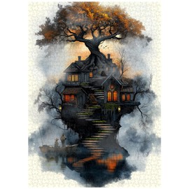 Fantasy Treehouse Puzzles for Adults 1000 Pieces, Nature Tree Art Jigsaw Puzzle with Forest Cottage, Sunset Sky, Dreamy Lake Aesthetic Puzzle, Hard Challenging Puzzle for Adults