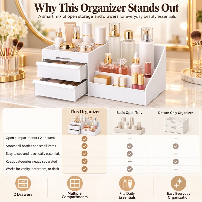 9-Grid Makeup Organizer for Vanity Storage – White Plastic Drawers