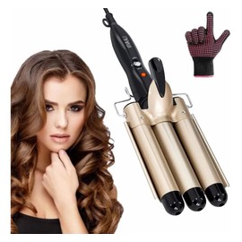 Pantio Rizador de Pelo, Rizador De Cabello Ondas Cerámica Triple Barriles 25mm, Temperatura Ajustable, Calienta Rápidamente en Todo Tipo de Cabello, para Mujeres en Casa y Viaje (Oro)