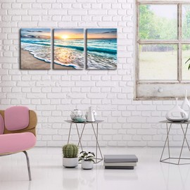 Wieco Art 3 Panel Blue Beach Canvas Wall Art for Home Decor Sunset White Wave Beach Pictures on Canvas Sea View Canvas Prints Artwork for Wall Decor Living Room Decorations