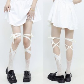 Roiyezo Women's Knee High Socks, Lace Socks, With Lace, For Ballet, Cosplay or Uniform, Cute, Spring/Summer, Thin, Lolita, Socks, Popular, Not Stuffy, TypeF-White