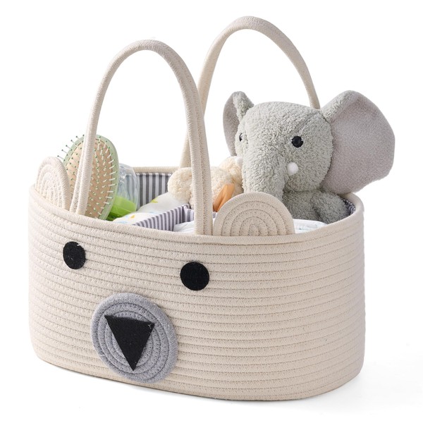 InfiBay Baby Changing Organiser - Baby Nursery Storage with Removable Dividers and Sturdy Handles - Cute Bear Basket - Cotton Rope - Portable Nappy Storage Basket