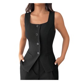 GORGLITTER Women's Sleeveless Blazer Vest Button Down Business Dressy Long Suit Vest Black Medium