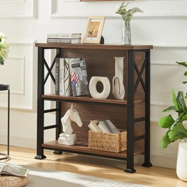 HOMBAZAAR 4-Tier Small Bookshelf, 35.4 Inch Short Book Shelf with Sturdy Metal Frame & Wood Shelves, Rustic Brown Industrial Bookcase for Living Room, Bedroom, Office