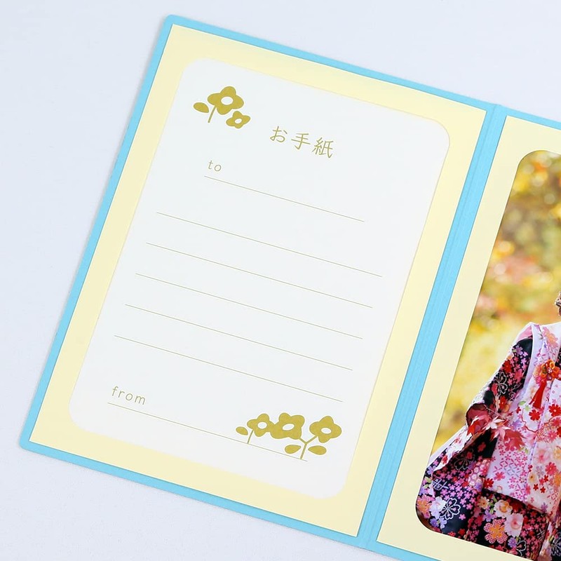 山田屋台紙店 写真台紙 七五三 お宮参り ポケット台紙 『祝・七五三/鳥居・千歳飴』 2Lサイズ 3面タテ (ブルー)