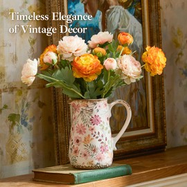 Vintage Colorful Daisy Flora Ceramic Vase with Handle, Retro Ice Glazed Crack Farmhouse Pitcher Vase for Home Decor, Living Room, Shelf, Office, Rustic Table Centerpiece 7 Inch