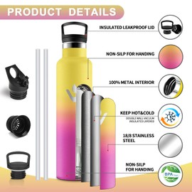 Vikastar Stainless Steel Drinking Bottle, Thermos Flask, 1 Litre, BPA-Free Drinking Bottle, Thermos Bottle with Straw, Drinking Bottle for School, Sports, Bike, Camping, Yellow & Pink