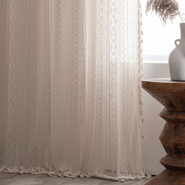 JOOJA 84 inch Length 2 Panels Set Rod Pocket Farmhouse Beige Crochet Semi Sheer Lace Boho Curtains, Vintage Cotton Tassel Window Treatment for Bedroom Living Room 59x84