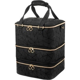Bolsa para kit de uñas, estuche organizador de esmalte uñas cuero desmontable 3 capas, organizador suministros 84 ranuras, negro