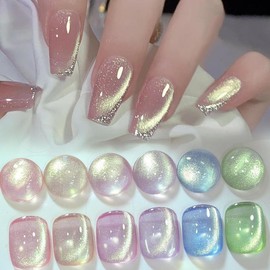 BORN PRETTY Cat Magnetic Eye Gel Nail Polish Shimmer Glitter Holographic Auroas Magnetic Gel Spring Summer Pink Green Blue Translucent Gel Polish Set Manicure Nail Art DIY at Home - Color: Jelly Pink Snowlight Magnetic Gel - 6 Colors 10ml
