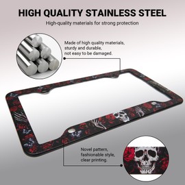 FantasHome Stainless Metal Car License Plate Frame Covers with 4 Holes - 2 Pack with Unique Designs, Standard Size for U.S. and Canada (Rose & Skull)