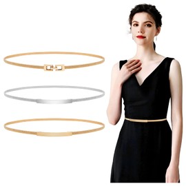 WERFORU Women's Thin Metal Belt Elastic Metal Chain Belt for Dress, G-Gold+Silver+Gold