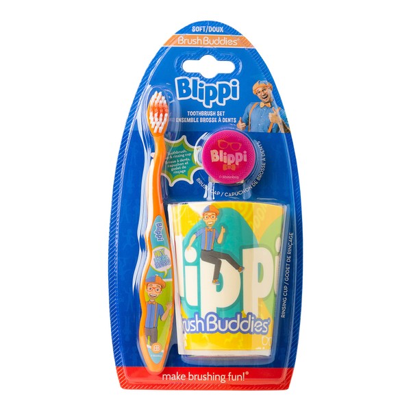 Brush Buddies Blippi - Kit de cepillos de dientes para niños, cepillos de dientes manuales para niños de 2 a 4 años, kit de cepillo para polvo de dientes de viaje con tapa y taza, 3 unidades