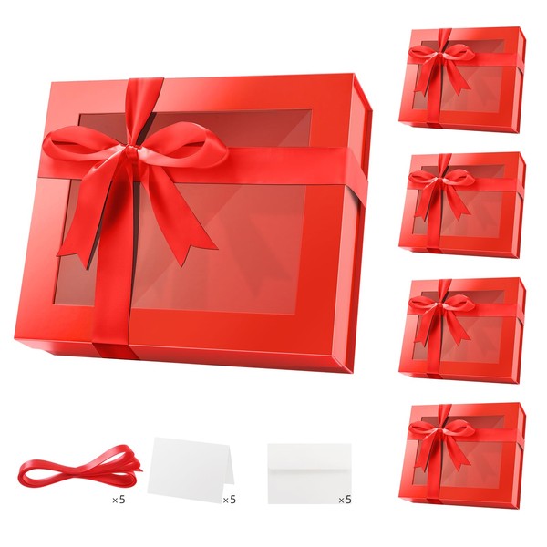 PACKQUEEN 5 Extra Large Red Gift Boxes with Windows, 16.3x14.2x5