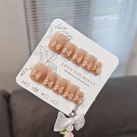 MouyouGlow Press on Nails Short, Square Sheer Nude Base 3D Bow Tie Ribbon Bow Tie Fake Nails Artificial Nails with Nail Glue, Y2K Coquette Artificial Fingernails, Pack of 10 (88-M Size)