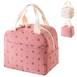 Aiuuee Lunch Bags for Women, 10L Corduroy Thermal Lunch Cool Bag, Leak Proof Ladies Lunch Bag, Portable Insulated Bag for Work Office School Travel (Pink)