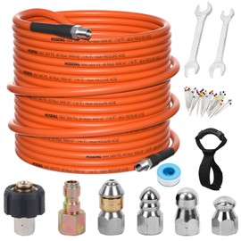 50FT Sewer Jetter Kit for Pressure Washer, 5800 PSI Water Jet Drain Cleaner Hose With Corner Rotating Button Nose Nozzle, 1/4 Inch NPT, Spanner Handle and Strap